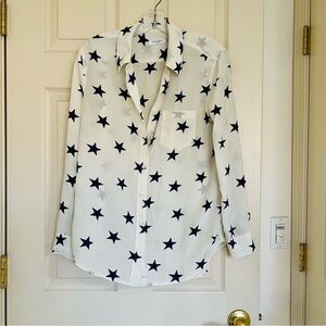 Equipment Femme Signature Star Print Blouse White Navy 100% Silk Shirt Sz S